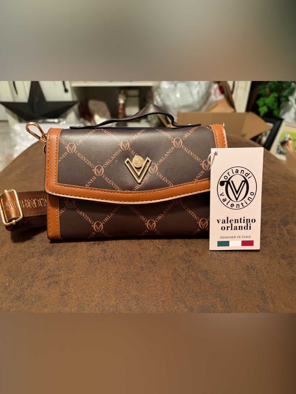 Valentino Orlandi Brown Belt Bag with Tan Trim and Gold Hardware